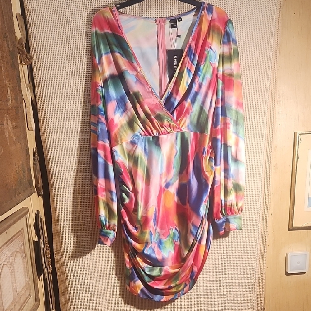 SHEIN Multicolor Watercolor-Print Wrap Tunic Dress
